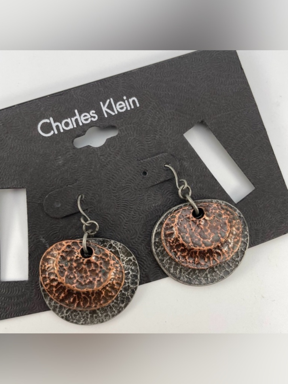 NWT Charles Klein Hammered Copper & Silver Tone Dangle Earrings Boho Chic